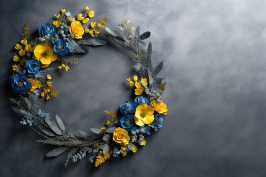 Wreath of blue and yellow flowers with copy space, natural organic floral frame, Ukrainian flag colors	
