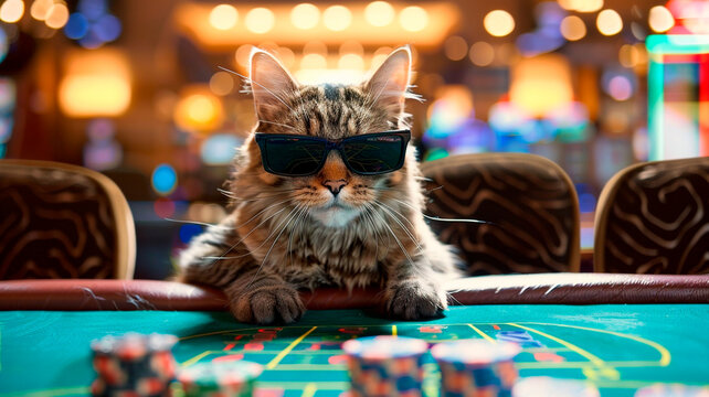 cat with a poker chips on a table in the casino