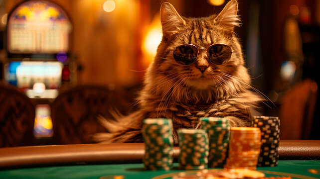 cat with a poker chips on a table in the casino