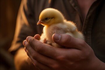 Farmer hands cradling a newly hatched chick. Generative AI - obrazy, fototapety, plakaty