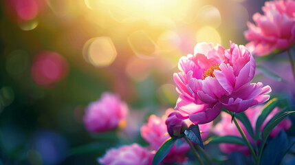 Beautiful pink peonies bloom in the sunset light against bokeh background. Garden design. - obrazy, fototapety, plakaty