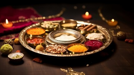 Diwali puja thali with sacred symbols - obrazy, fototapety, plakaty