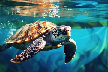 Fotobehang Cute big sea turtle in the coral reef on blue background. Ocean animal, underwater life. Threatened or endangered species. World turtle day © ratatosk