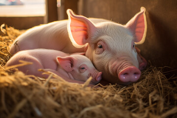 Pigs family contentedly rooting through a pile of hay in a cozy barn. Generative AI