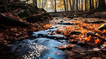 Fototapeta premium Fallen leaves along a forest stream