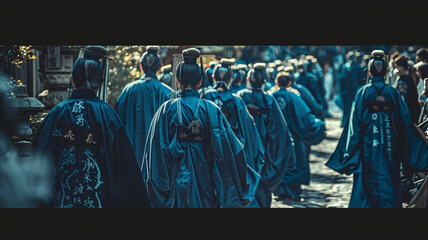 Processions of people dressed in robes of deep indigo, honoring their ancestors with solemn reverence.