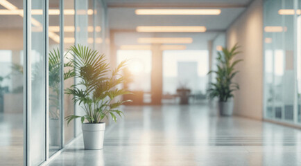 Blurred background of modern office with green plants in focus. Sustainability concept in workplace