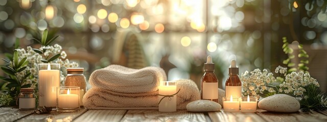 Spa background towel bathroom white luxury concept massage candle bath. Bathroom white wellness spa background towel relax aromatherapy flower accessory zen therapy aroma beauty setting table salt oil - obrazy, fototapety, plakaty