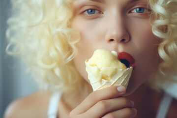 Portrait close up of a pretty blonde woman with ice cream
