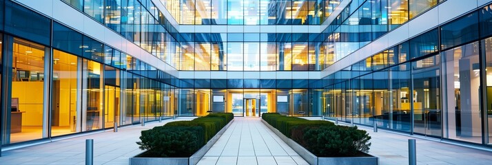 Exterior view to glass facade of modern styled office building - obrazy, fototapety, plakaty