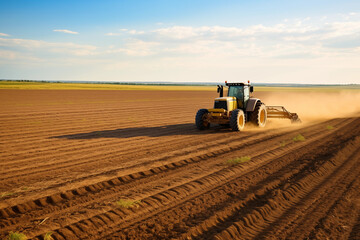 Fototapeta premium Farmer driving a tractor across endless golden fields. Generative AI