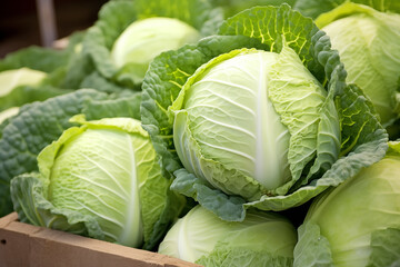 Fototapeta premium Pile of ripe cabbage outdoor. Generative AI