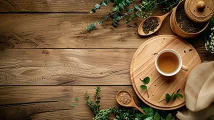 Schilderijen op glas flat lay of cup of hot tea on wooden table with copy space © Fantastic