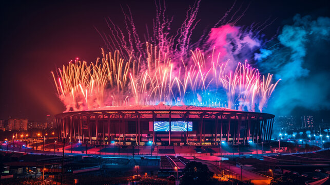 Ilustración creada con IA sobre la inauguración de los futuros juegos olímpicos de francia 2024. Estadios con fiesta, luces y fuegos artificiales en la noche.