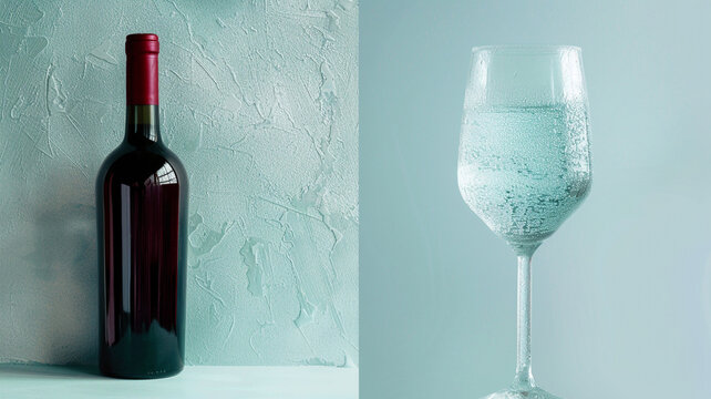 Picture a wine bottle in a rich merlot hue next to a frosted aquamarine glass, evoking serenity and tranquility.