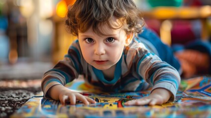 Child playing with puzzle pieces on the floor, focused and determined expression. Early learning and development concept