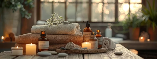 Cercles muraux Spa Spa background towel bathroom white luxury concept massage candle bath. Bathroom white wellness spa background towel relax aromatherapy flower accessory zen therapy aroma beauty setting table salt oil