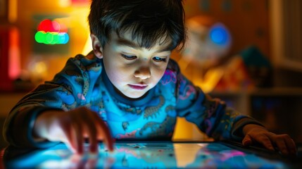 Focused boy playing with a touchscreen tablet in a dark room illuminated by colorful light reflections. Child and technology concept