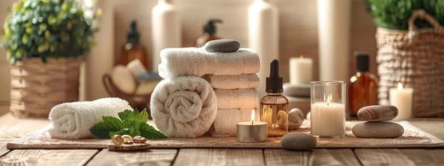 Papier Peint Lavable Spa Spa background towel bathroom white luxury concept massage candle bath. Bathroom white wellness spa background towel relax aromatherapy flower accessory zen therapy aroma beauty setting table salt oil