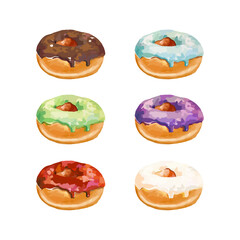 Hand drawn vector illustration of donuts with colored glaze and colorful sprinkles