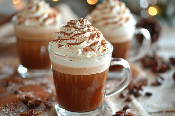 A velvety smooth Irish coffee, topped with a dollop of whipped cream and a sprinkle of cocoa powder, offers a comforting embrace on a crisp winter evening. - obrazy, fototapety, plakaty