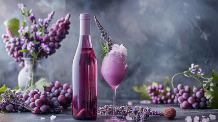 Picture a wine bottle in a velvety burgundy hue and a frosted lavender glass, invoking a sense of...