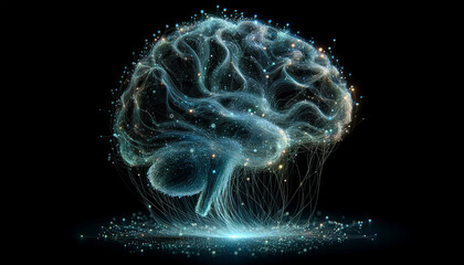 Abstract human brain neural network by colorful light particles flowing isolated on black background in concept A.I. artificial intelligence, science, technology, machine learning, neuroscience.