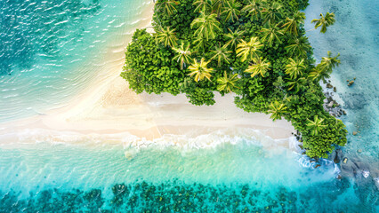 Fototapeta na wymiar Palm trees on an uninhabited island in a blue sea are taken as aerial cuts