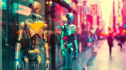 Humanoid robots walking down a busy street, future city life concept. Artificial intelligence and robotics in urban environments