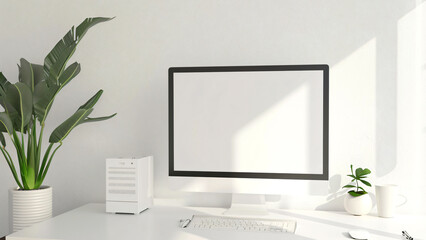 Obraz premium Photo of a white desk in front of a palm leaf pot in front of a white wall