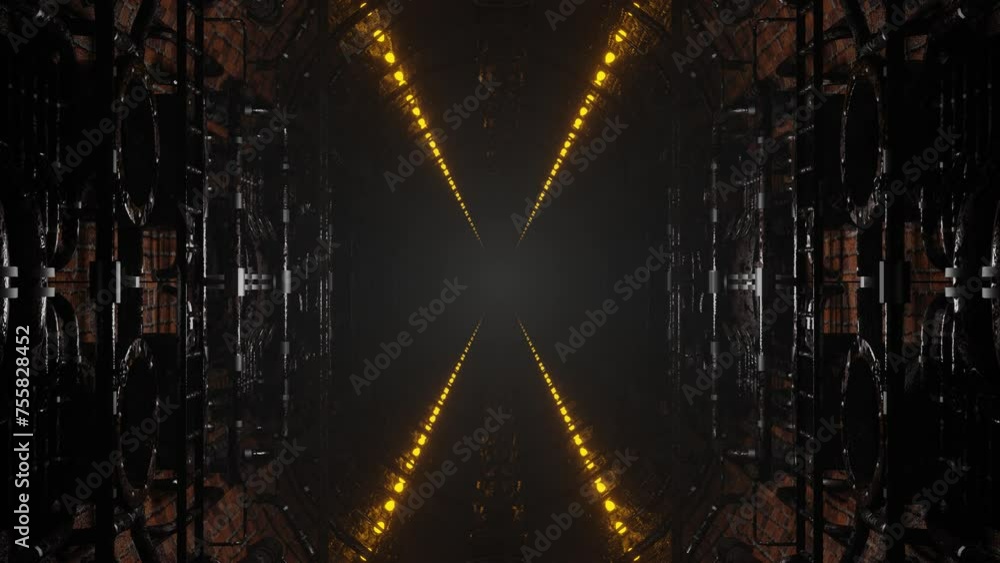 Poster moving forward along an endless dark corridor of a stone sewer canal. looping abstract animation. 3d