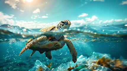 Majestic Sea Turtle Swimming Above Plastic Waste
