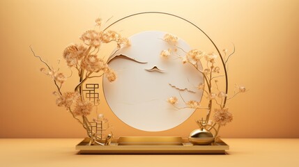 japanese style minimal abstract background.stone podium and bonsai with circle brown background for product presentation. Neural network AI generated art