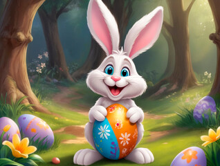 A cute and kind Easter bunny in cartoon style with big ears shines with a joyful smile, ready to give joy and cheer everyone who meets him on the way.