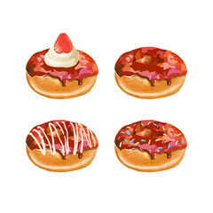 Hand drawn vector illustration of donuts with colored glaze and colorful sprinkles