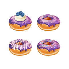 Hand drawn vector illustration of donuts with colored glaze and colorful sprinkles