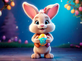 A cute and kind Easter bunny in cartoon style with big ears shines with a joyful smile, ready to give joy and cheer everyone who meets him on the way.