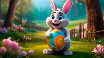 A cute and kind Easter bunny in cartoon style with big ears shines with a joyful smile, ready to give joy and cheer everyone who meets him on the way.