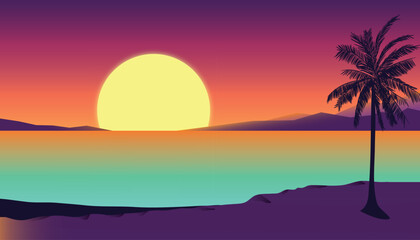 Cartoon flat panoramic landscape, sunset with the palms on colourful background.