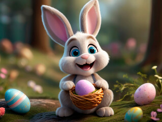 A cute and kind Easter bunny in cartoon style with big ears shines with a joyful smile, ready to give joy and cheer everyone who meets him on the way.