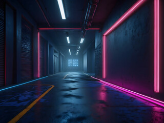 A dark empty street, dark blue background, an empty dark scene, neon lights, and spotlights The asphalt floor and studio room with smoke float up the interior texture. night view design.