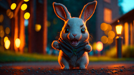 A cute and kind Easter bunny in cartoon style with big ears shines with a joyful smile, ready to give joy and cheer everyone who meets him on the way.