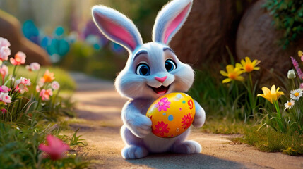 A cute and kind Easter bunny in cartoon style with big ears shines with a joyful smile, ready to give joy and cheer everyone who meets him on the way.