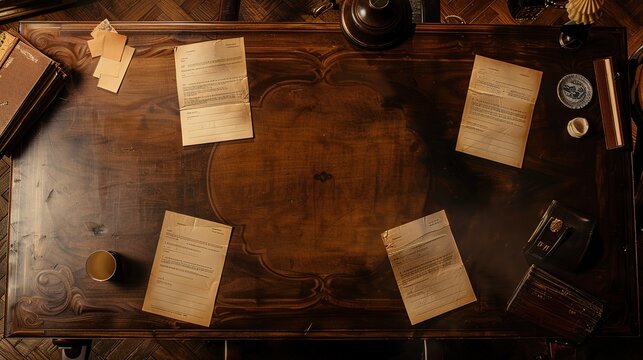 an overhead photo of a desk from a movie set in 1910, with neat pieces of blank paper on it. The center of the desk is clear and shows the wood texture