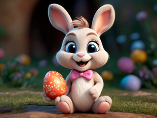 A cute and kind Easter bunny in cartoon style with big ears shines with a joyful smile, ready to give joy and cheer everyone who meets him on the way.