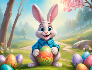 A cute and kind Easter bunny in cartoon style with big ears shines with a joyful smile, ready to give joy and cheer everyone who meets him on the way.