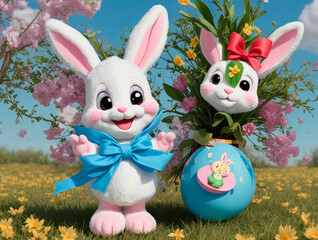 A cute and kind Easter bunny in cartoon style with big ears shines with a joyful smile, ready to give joy and cheer everyone who meets him on the way.