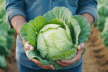 A gardener presents a large, healthy head of cabbage with care, representing fresh produce and the rewards of diligent gardening. - obrazy, fototapety, plakaty