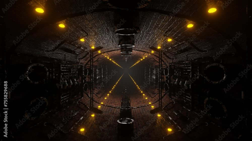 Poster moving forward along an endless dark corridor of a stone sewer canal. looping abstract animation. 3d