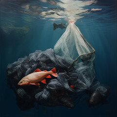 An illustration of a fish caught in a trash bag and fishnet in the sea.